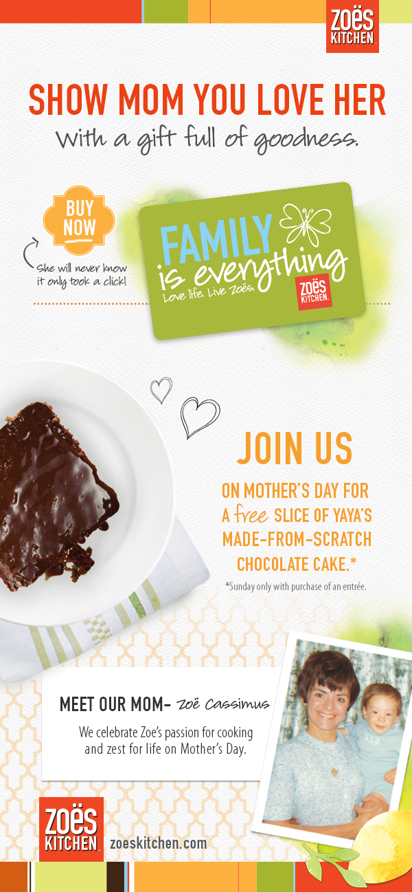 Zoes Kitchen Coupon April 2024 Free chocolate cake with your entree Sunday at Zoes Kitchen
