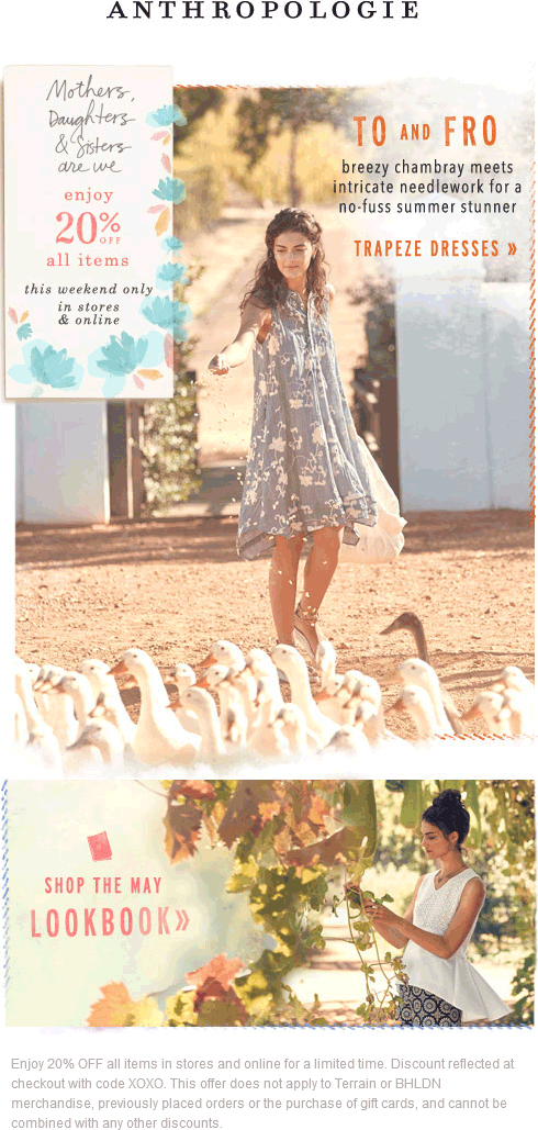 Anthropologie Coupon April 2024 20% off everything at Anthropologie, or online via promo code XOXO