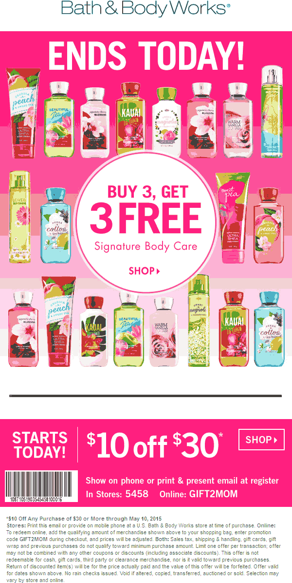 Bath & Body Works Coupon April 2024 $10 off $30 at Bath & Body Works, or online via promo code GIFT2MOM