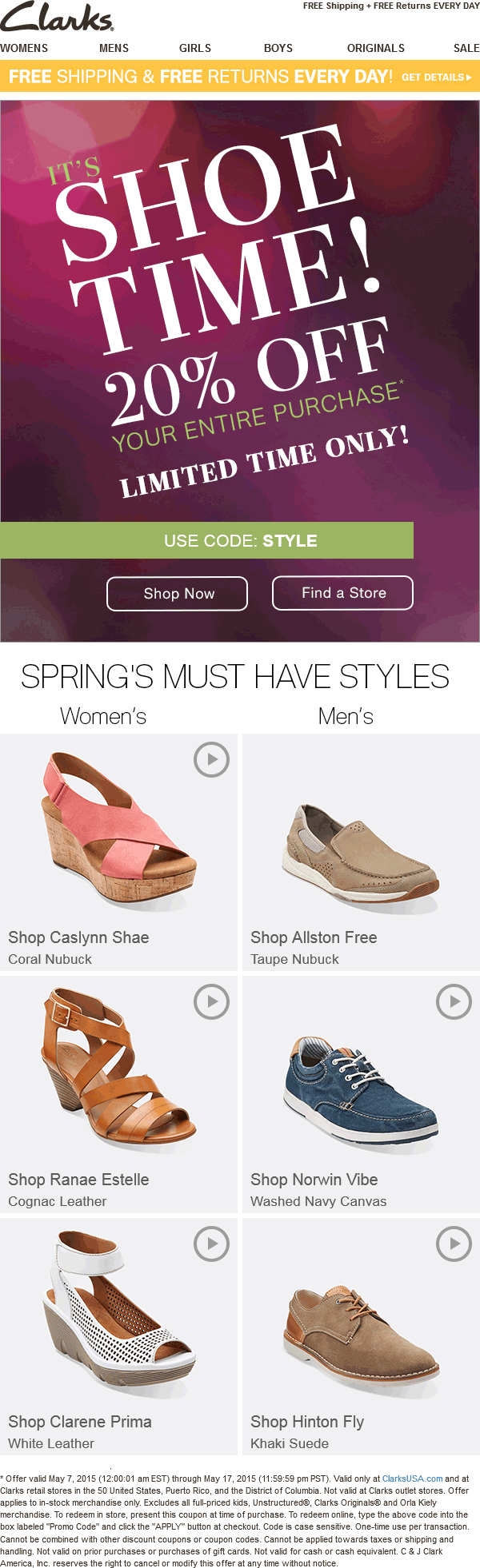 Clarks Coupon April 2024 20% off the shoes at Clarks, or online via promo code STYLE