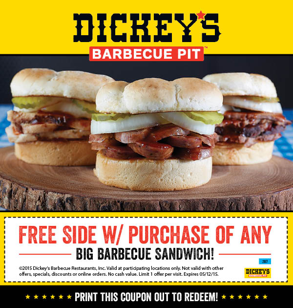 Dickeys Barbecue Pit Coupon April 2024 Free side with your sandwich at Dickeys Barbecue Pit