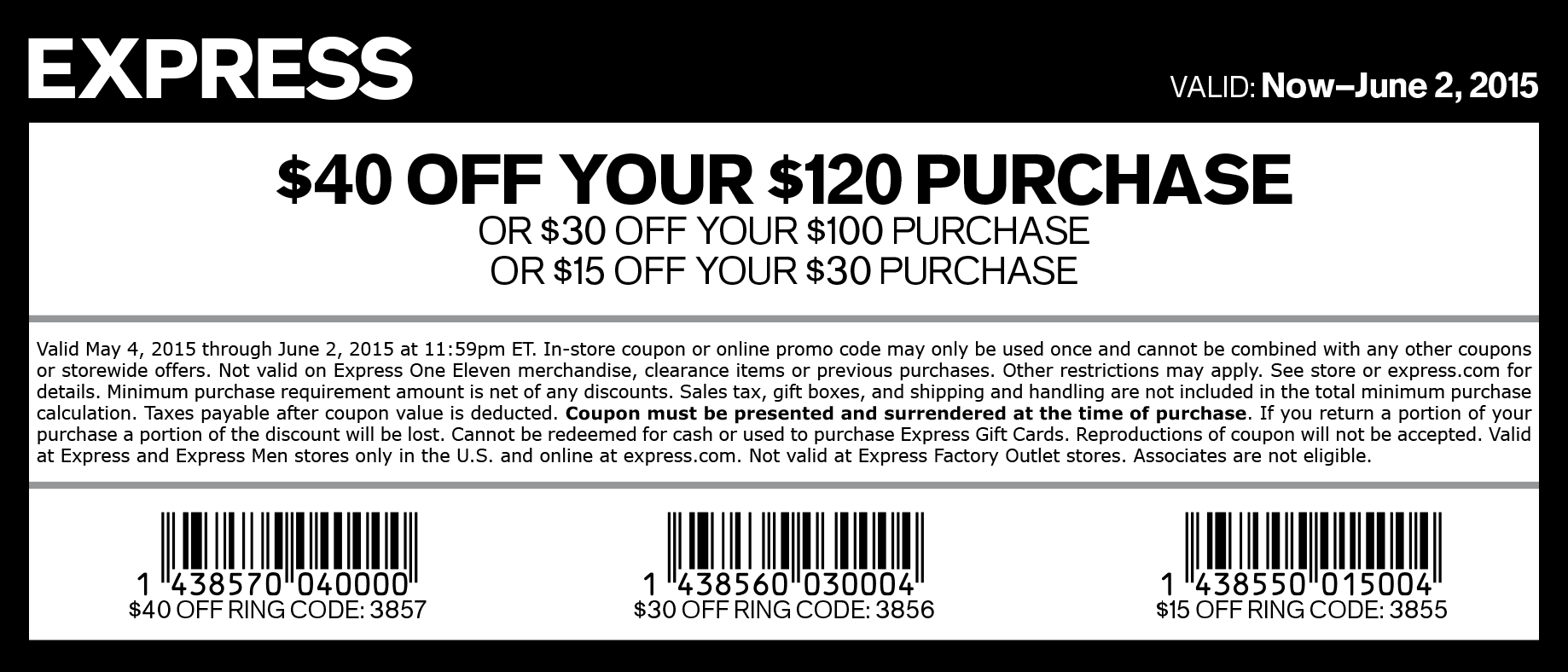 Express Coupon April 2024 $15 off $30 & more at Express, or online via promo code 3855
