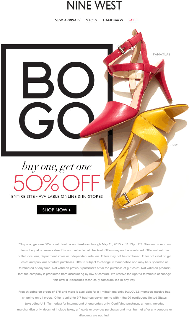 Nine West Coupon April 2024 Second pair of shoes 50% off at Nine West, ditto online