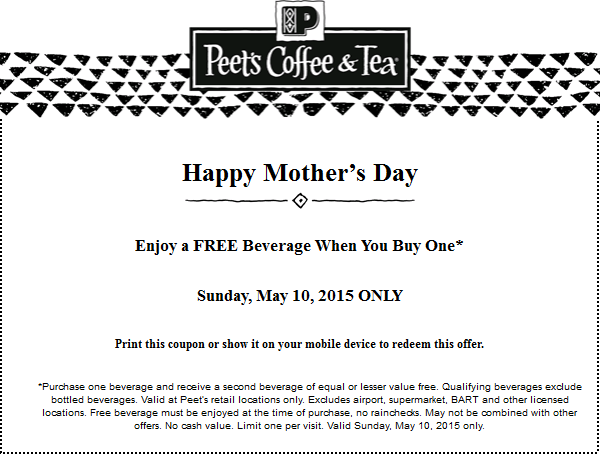 Peets Coffee & Tea Coupon April 2024 Second drink free Sunday at Peets Coffee & Tea