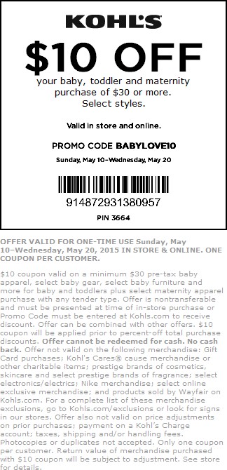 Kohls Coupon April 2024 $10 off $30 on baby, toddler & maternity at Kohls, or online via promo code BABYLOVE10