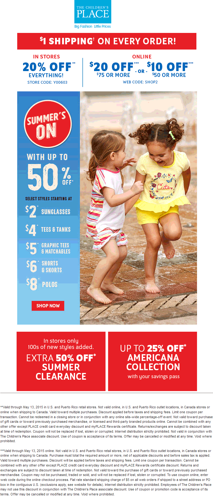 Childrens Place Coupon April 2024 20% off everything at The Childrens Place, or $10 off $50 online via promo code SHOP2