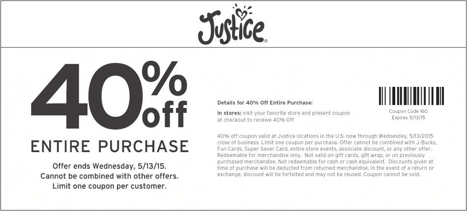 Justice Coupon April 2024 40% off everything at Justice, or online via promo code 495