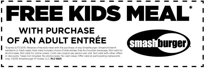 Smashburger Coupon April 2024 Free kids meal with your entree at Smashburger