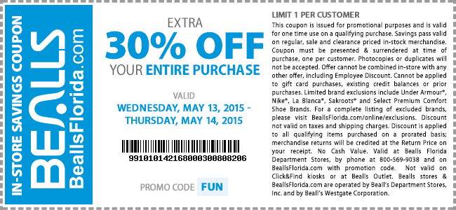 Bealls Coupon April 2024 Extra 30% off everything at Bealls, or online via promo code FUN