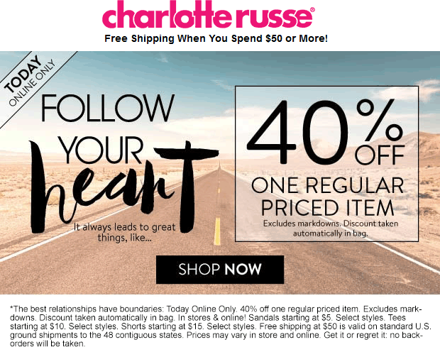 Charlotte Russe Coupon April 2024 40% off a single item online today at Charlotte Russe