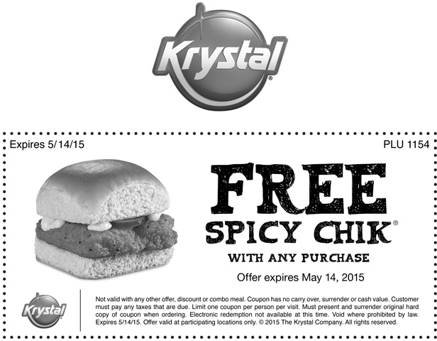 Krystal Coupon April 2024 Spicy chik free with your order at Krystal restaurants