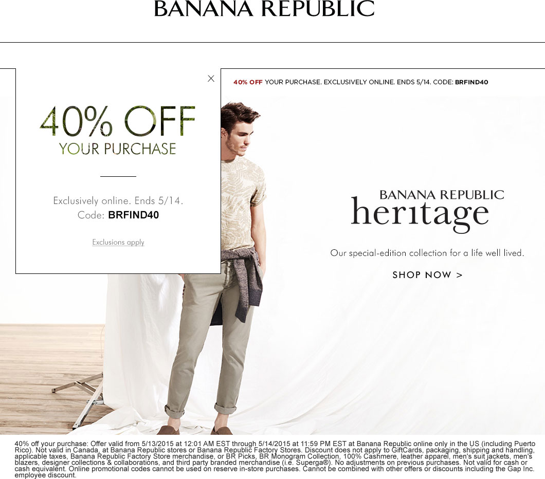 Banana Republic Coupon April 2024 40% off online today at Banana Republic via promo code BRFIND40