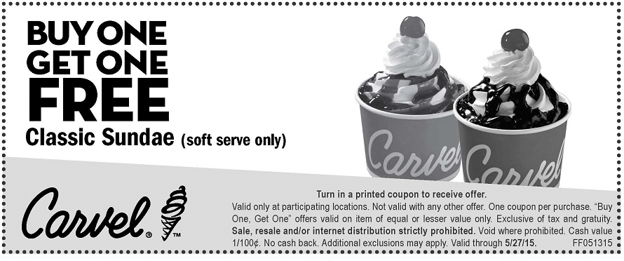 Carvel Coupon April 2024 Second ice cream sundae free at Carvel