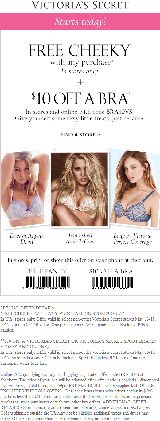 Victorias Secret Coupon April 2024 Free $15 panties with any purchase + $10 off sports bra at Victorias Secret, or online via promo code  BRA10VS