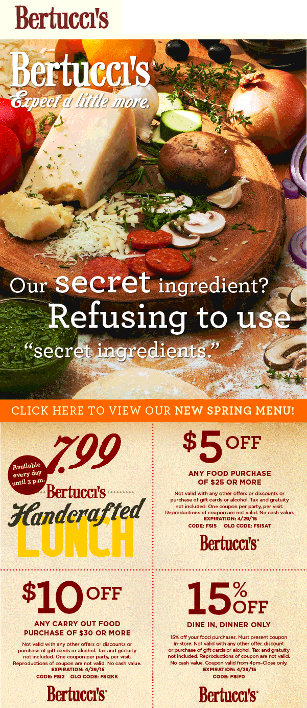 Bertuccis Coupon March 2024 15% off dinner at Bertuccis restaurants