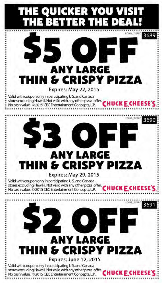 Chuck E. Cheese Coupon April 2024 $2-$5 off a large pizza at Chuck E. Cheese