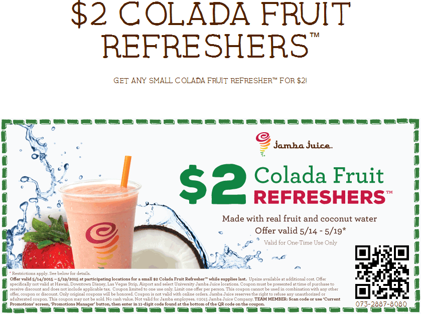 Jamba Juice Coupon March 2024 $2 colada fruit refreshers at Jamba Juice