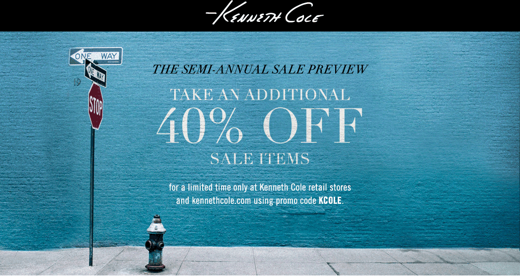 Kenneth Cole Coupon March 2024 Extra 40% off sale items at Kenneth Cole, or online via promo code KCOLE