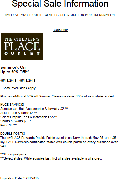 Childrens Place Outlet Coupon April 2024 Extra 50% off summer clearance at The Childrens Place Outlet locations