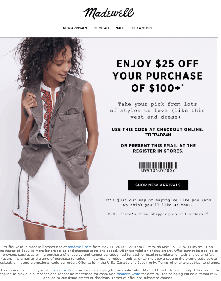 Madewell Coupon April 2024 $25 off $100 today at Madewell, or online via promo code TDTR4D84N