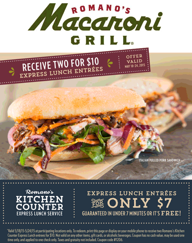 Macaroni Grill Coupon April 2024 2 lunches for $10 in under 7 minutes or free at Macaroni Grill