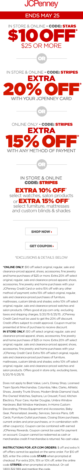 JCPenney Coupon April 2024 $10 off $25 at JCPenney, or online via promo code STARS