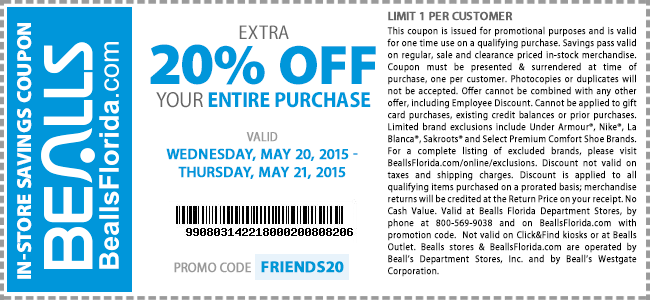 Bealls Coupon April 2024 20% off today at Bealls, or online via promo code FRIENDS20 - 25% off $50+ via promo HURRY