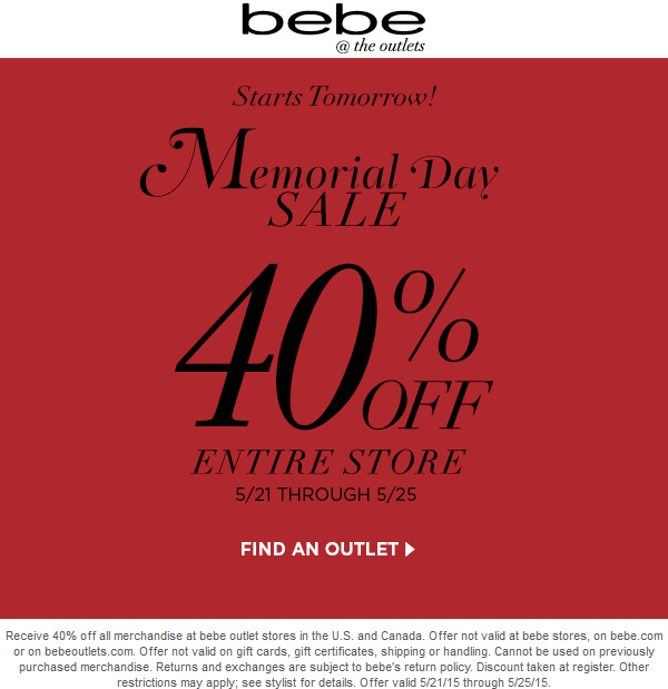 Bebe Outlet Coupon April 2024 Extra 40% off everything at bebe Outlet locations