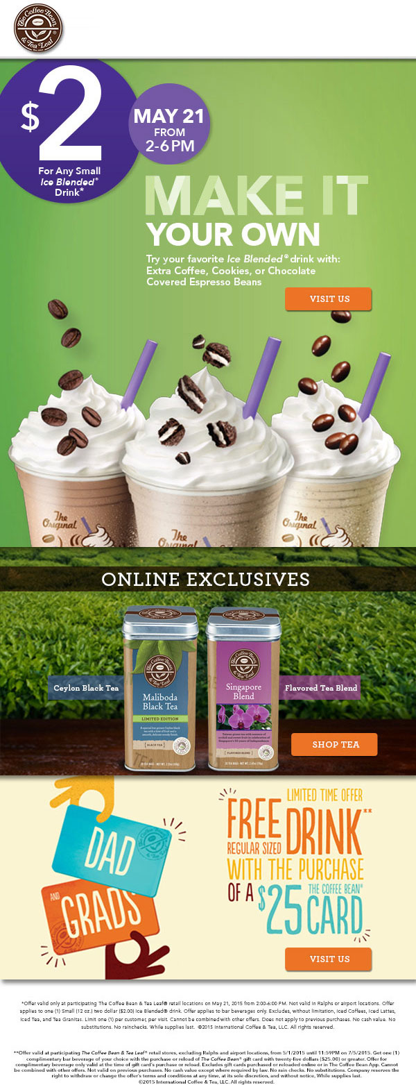 Coffee Bean & Tea Leaf Coupon April 2024 $2 iced drinks 2-6pm today at The Coffee Bean & Tea Leaf