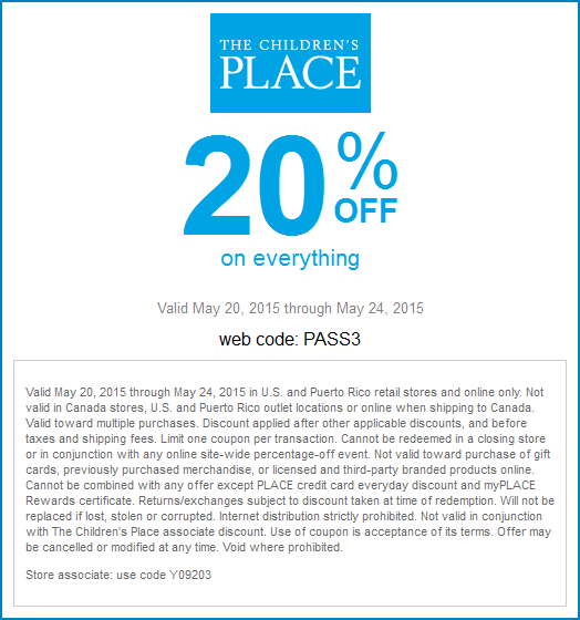 Childrens Place Coupon April 2024 20% off everything at The Childrens Place, or online via promo code PASS3