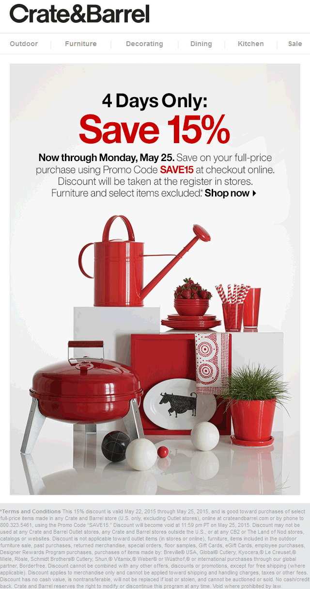 Crate & Barrel Coupon April 2024 15% off at Crate & Barrel, or online via promo code SAVE15