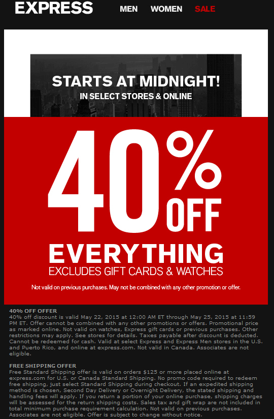 Express Coupon March 2024 40% off everything at Express, ditto online
