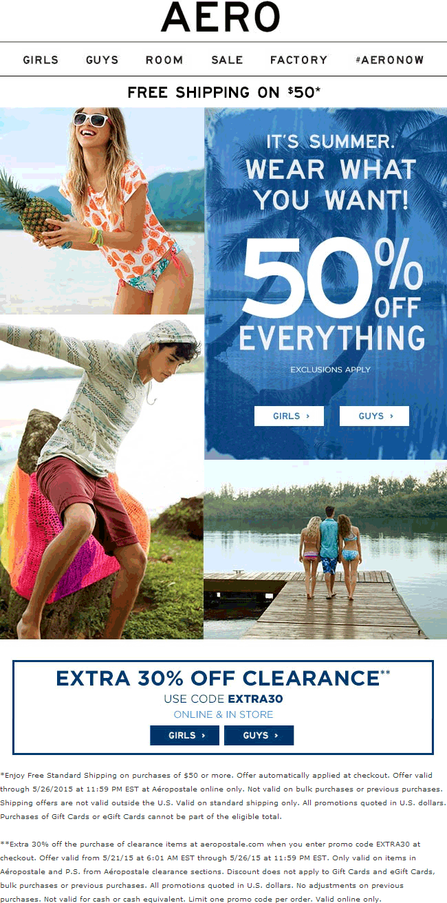 Aeropostale Coupon April 2024 50% off everything + 30% off clearance at Aeropostale, ditto online
