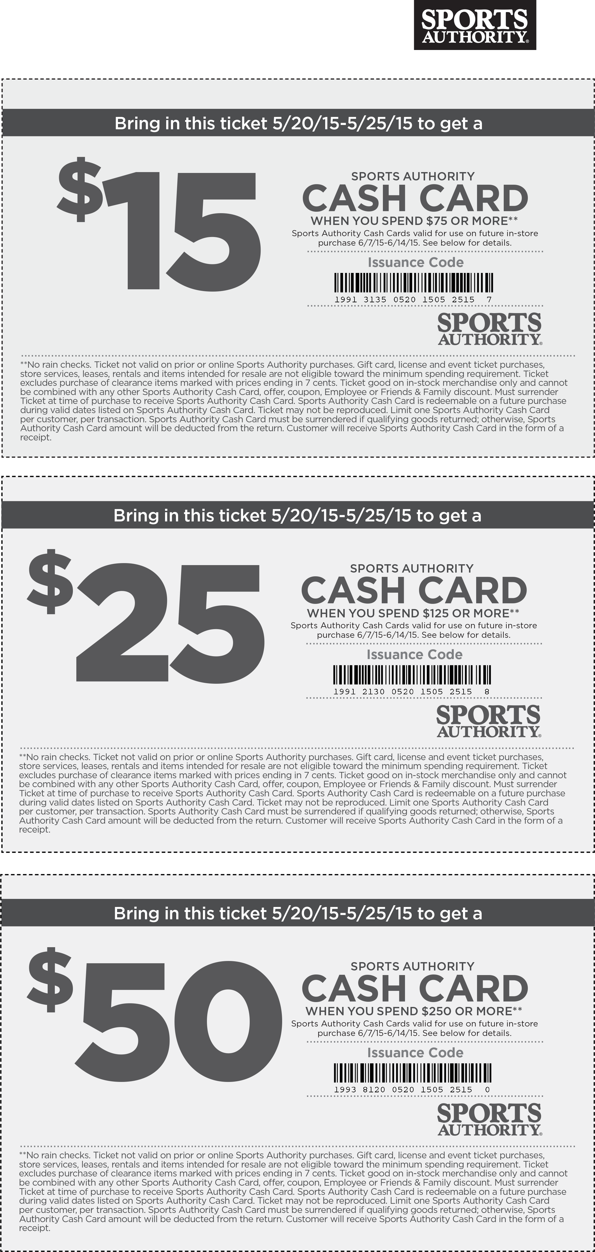 Sports Authority Coupon April 2024 $15-$50 cash card with $75 spent at Sports Authority, ditto online