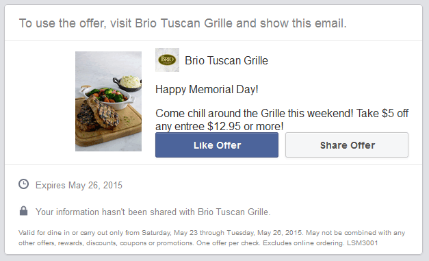 Brio Tuscan Grille Coupon April 2024 $5 off your entree at Brio Tuscan Grille