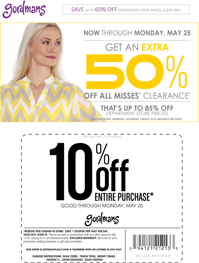 Gordmans Coupon March 2024 10% off everything + 50% off misses clearance at Gordmans