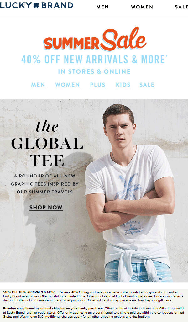 Lucky Brand Coupon April 2024 40% off at Lucky Brand, ditto online