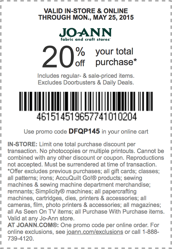 Jo-Ann Coupon April 2024 20% off everything today at Jo-Ann Fabric, or online via promo code DFQP145