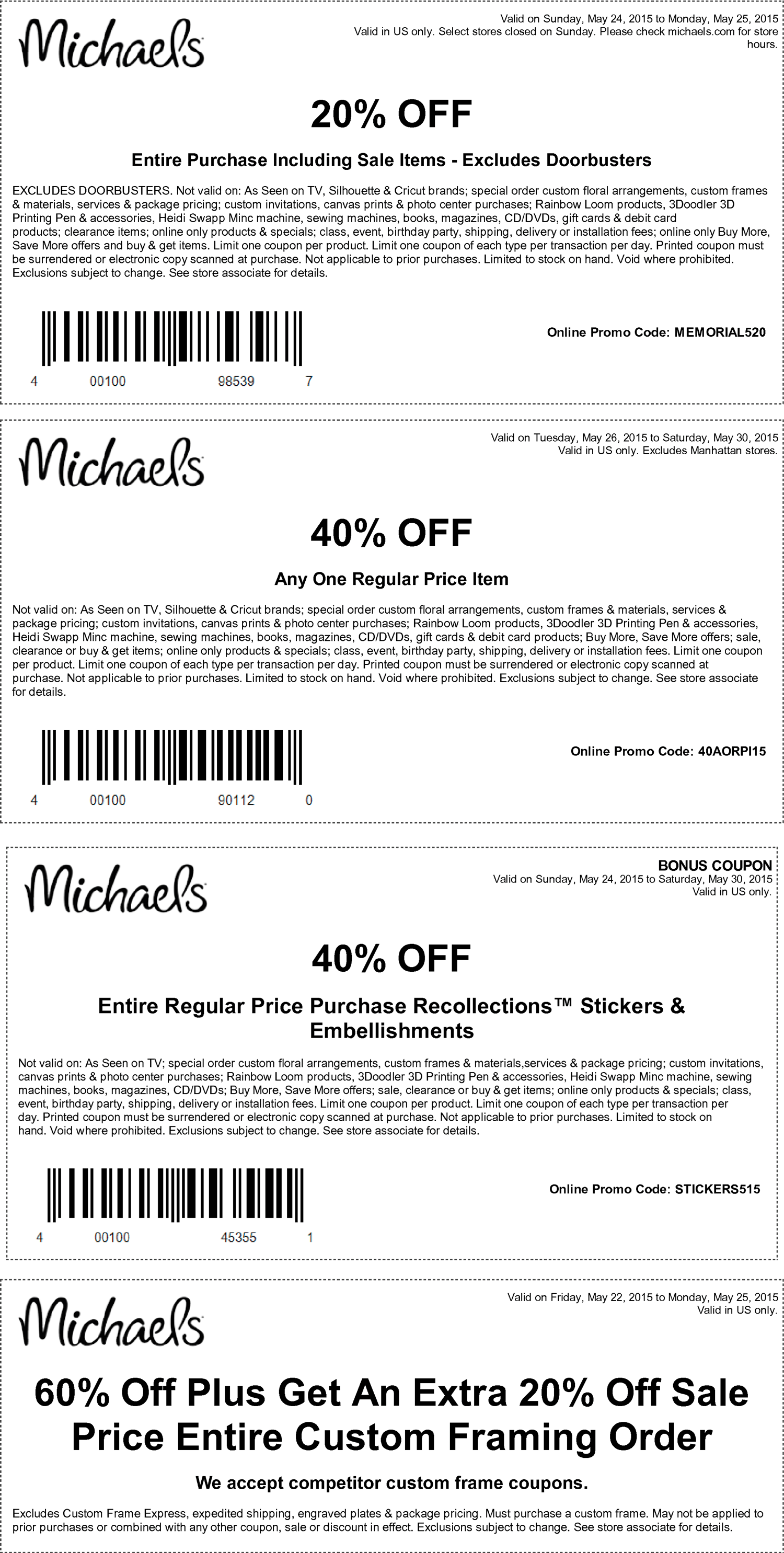Michaels Coupon April 2024 20% off everything, 40% off a single item at Michaels, or online via promo code 40AORPI15