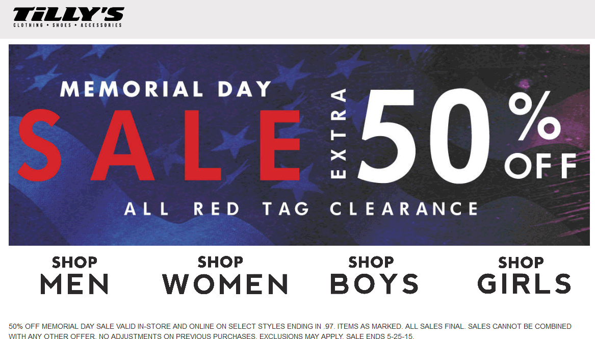Tillys Coupon April 2024 Extra 50% off clearance today at Tillys, ditto online