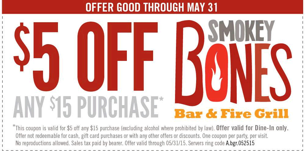Smokey Bones Coupon April 2024 $5 off $15 at Smokey Bones bar & grill