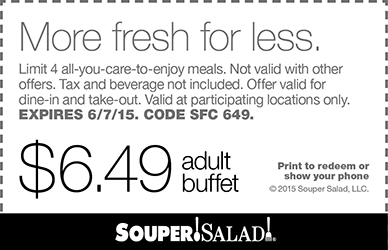 Souper Salad Coupon April 2024 $6.49 buffet at Souper Salad restaurants