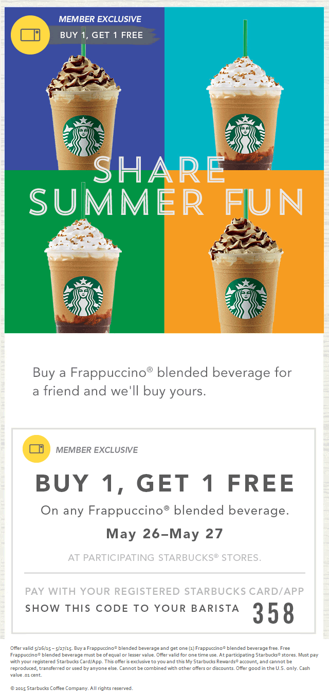 Starbucks Coupon April 2024 Second frappuccino free with your card at Starbucks