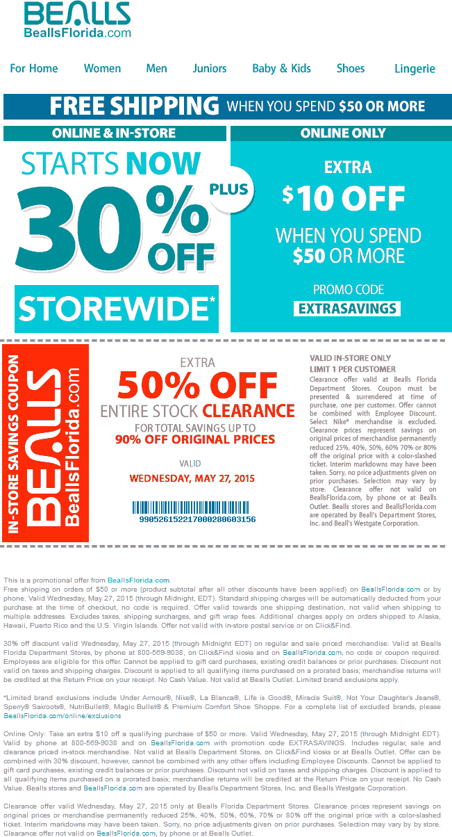 Bealls Coupon April 2024 30% off everything + 50% off clearance today at Bealls, or online with extra $10 off $50 via promo EXTRASAVINGS