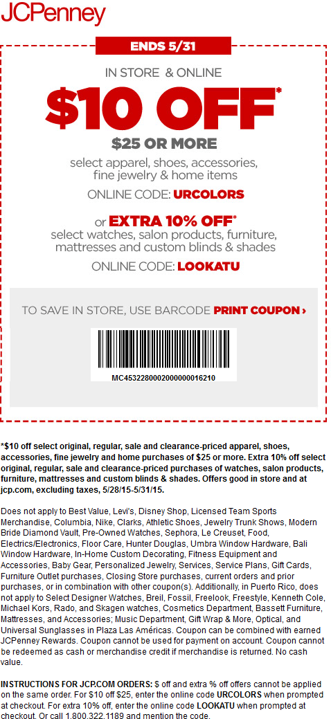JCPenney Coupon April 2024 $10 off $25 at JCPenney, or online via promo code URCOLORS