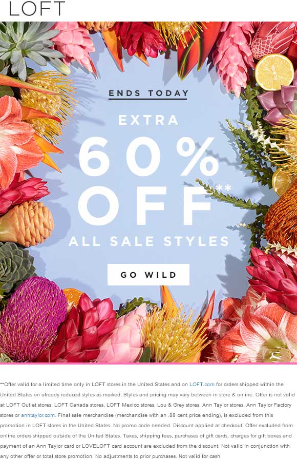 LOFT Coupon April 2024 Extra 60% off sale items today at LOFT, ditto online