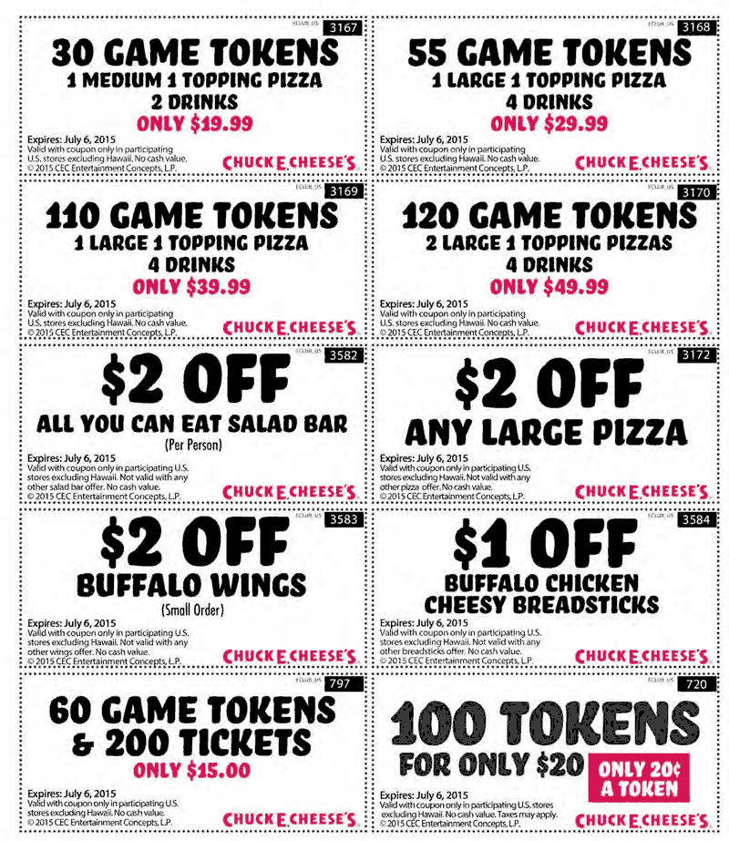 Chuck E. Cheese Coupon April 2024 100 tokens for $20 & more at Chuck E. Cheese pizza