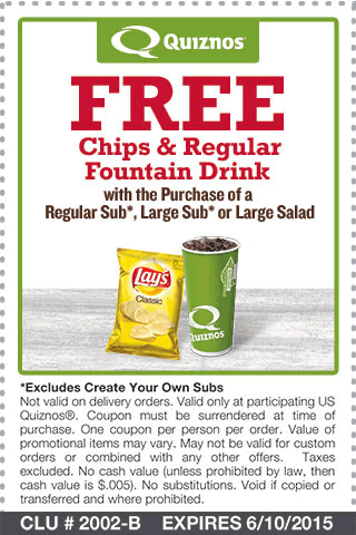 Quiznos Coupon April 2024 Chips & drink free with your sub at Quiznos