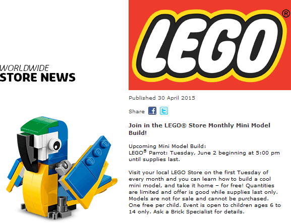 LEGO Coupon March 2024 Free parrot build 5pm Tuesday at LEGO Store
