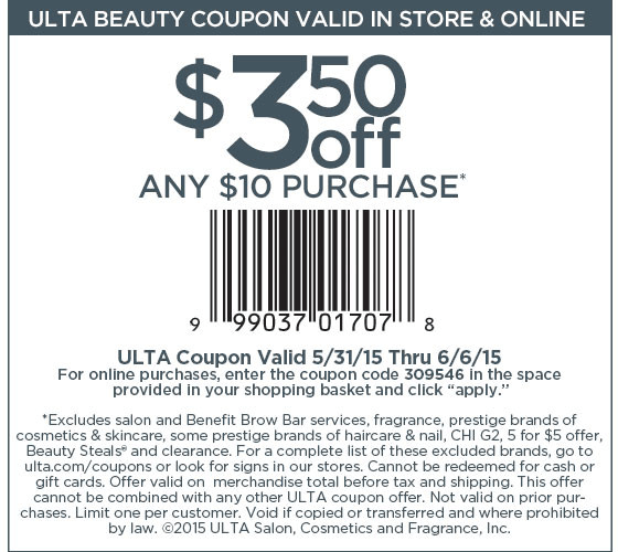 Ulta Coupon April 2024 $3 off $10 at Ulta, or online via promo code 309546